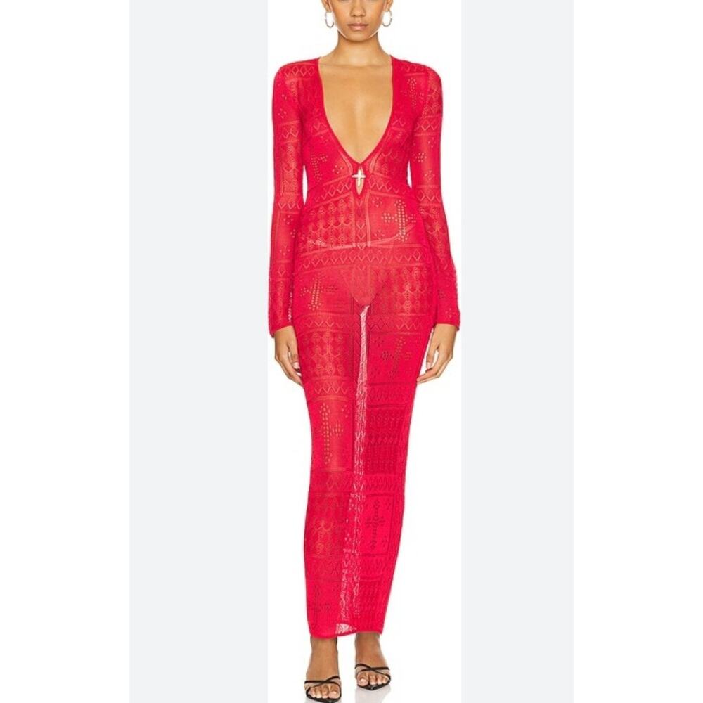 LOBA Estrel Maxi Knit Sheer Maxi Dress Deep V-Neckline Size XL Long Sleeves NEW